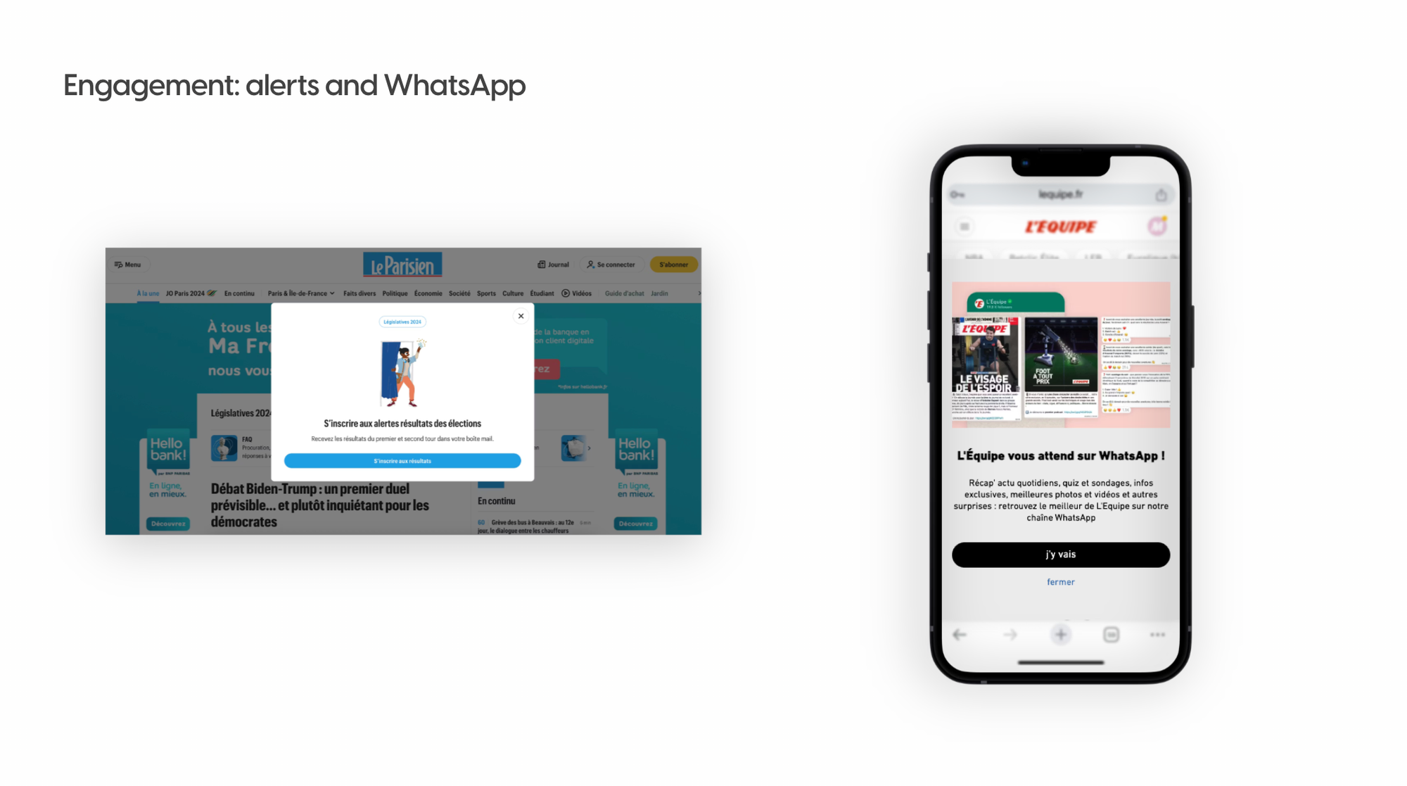 Pop-ups to encourage users to activate alerts or join WhatsApp channels on Le Parisien and L'équipe
