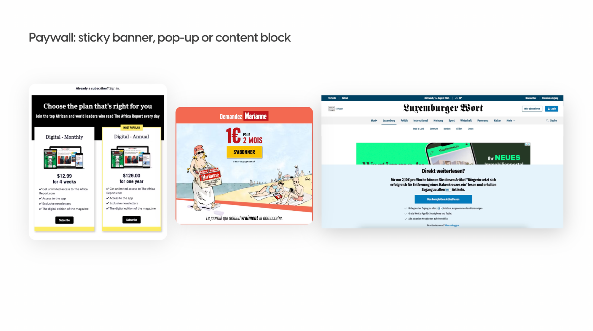 Sticky banner, pop-up or content block paywalls by Poool clients