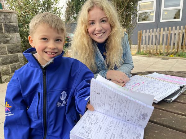 Budding Martin Tyler little Oliver, 7, gets top tips from BBC Radio 5 live football commentator.