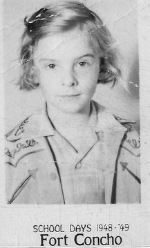 Brooke's First Grade portrait, with text on the bottom of the photo: "School Days 1948-'49, Fort Concho"