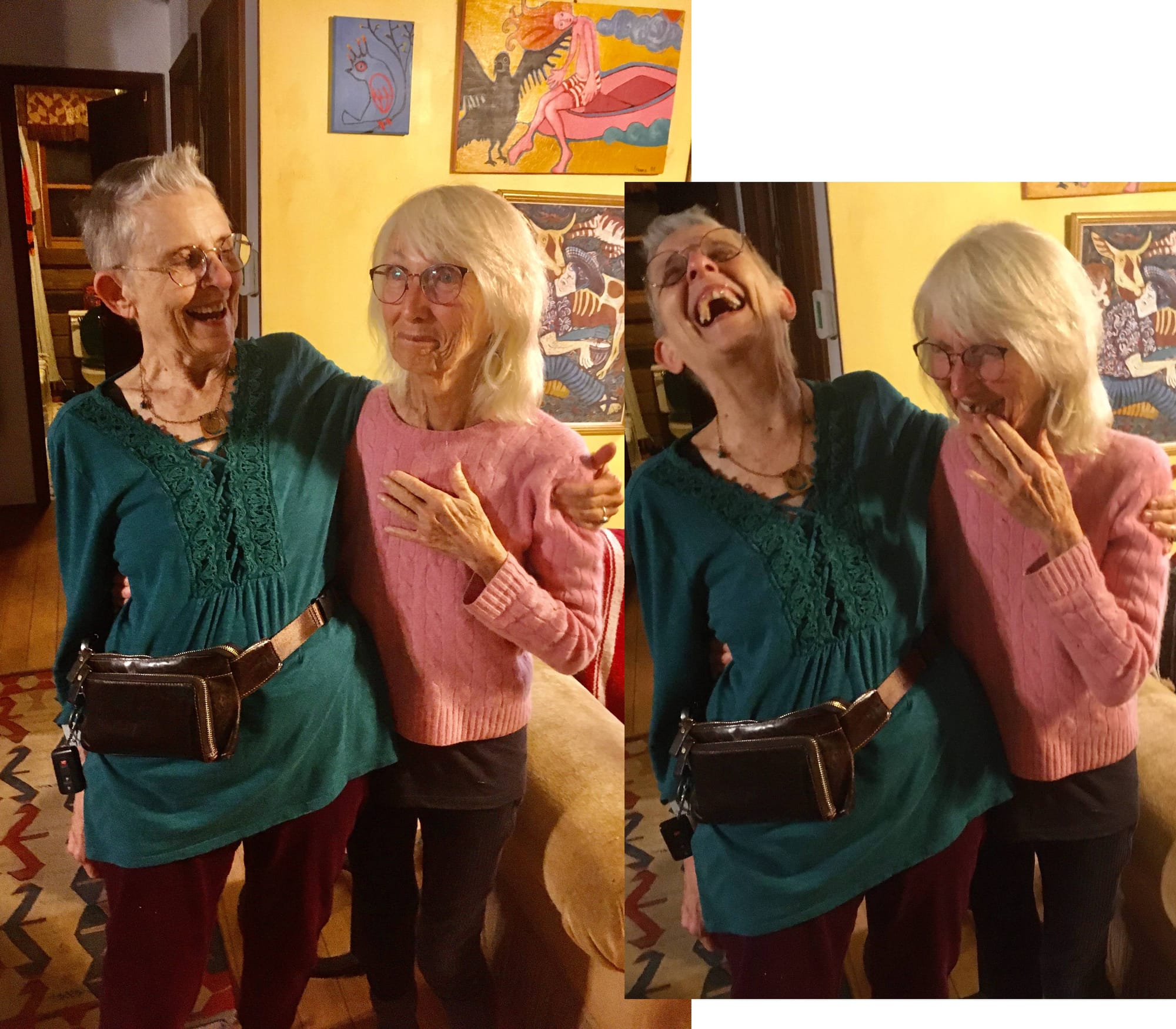 In the image on the left (same as cover image for story), Brooke's arm is around Janet, with her fingers squeezing Janet's shoulder. In the photo on the right, Brooke is throwing he head back in laughter while Janet is also laughing, her hand near her mouth to gesture toward covering her missing front tooth