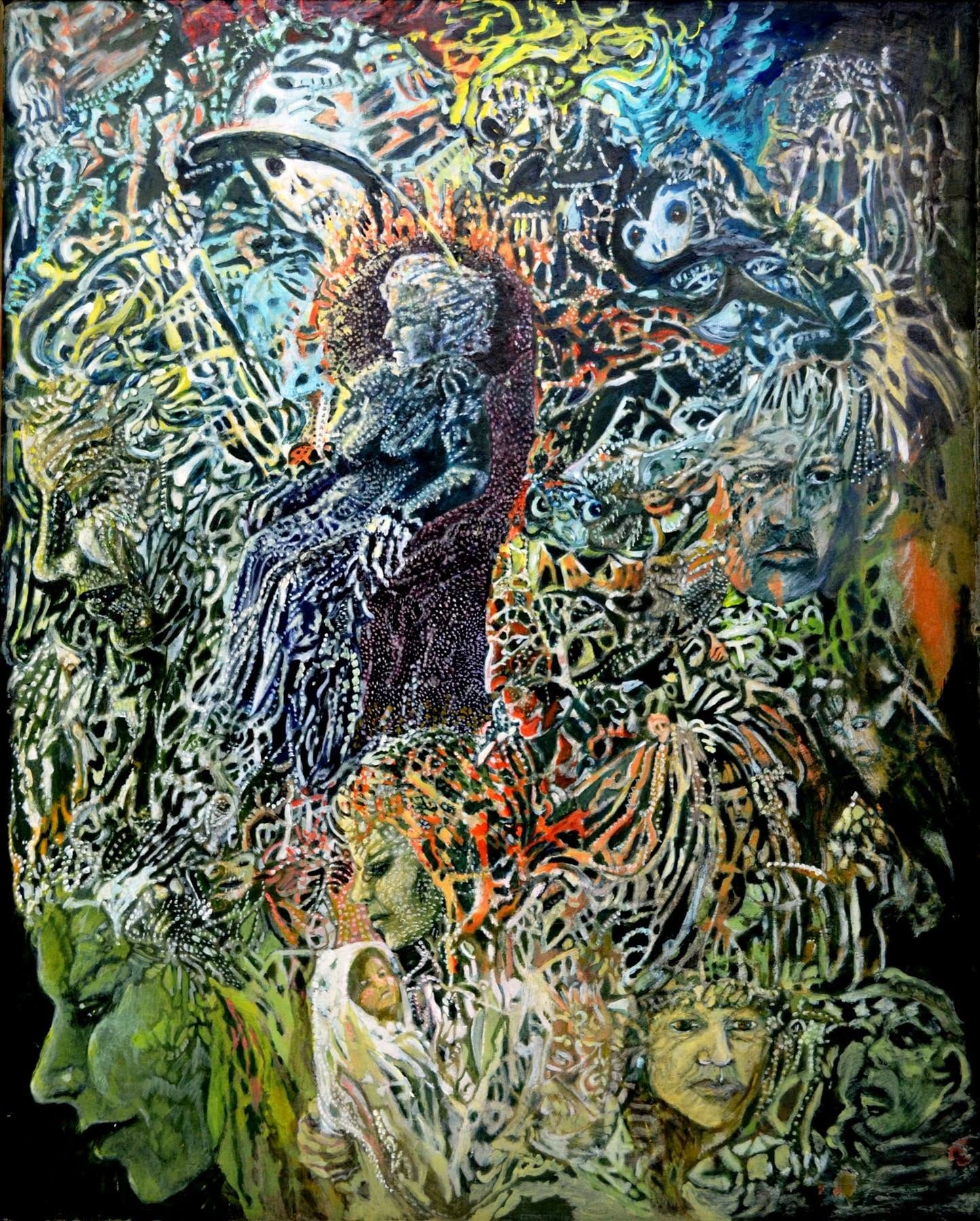 A complex painting filled with faces and lines and characters, including a woman with death standing behind her. When one relaxes their eyes, they can see a face or a skull within all the images.