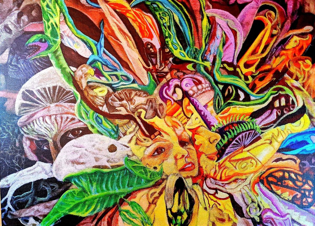 An explosion of yellow in the bottom center with a woman’s face branching out like a banana peel, a shadowy mushroom set of eyes to the left and behind her, burst of colors in front of her