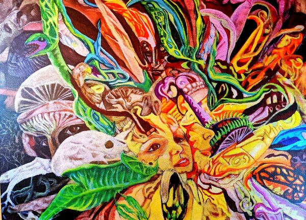 An explosion of yellow in the bottom center with a woman’s face branching out like a banana peel, a shadowy mushroom set of eyes to the left and behind her, burst of colors in front of her