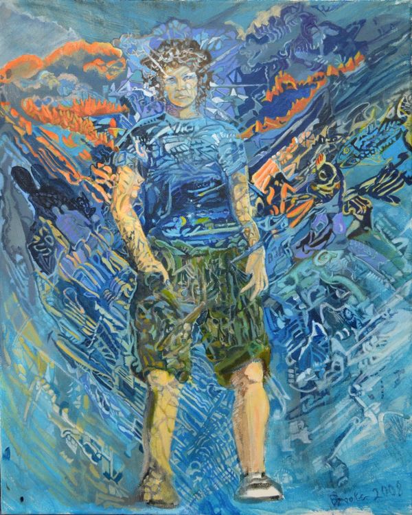 painting of a woman in shorts and tennis shoes, looking directly at the viewer, with intricate design patterns all around the painting, including some radiating from her gaze