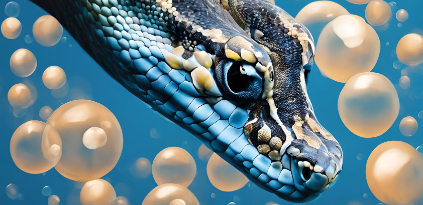 Head of a python snake, surrounded by bubbles on a blue background