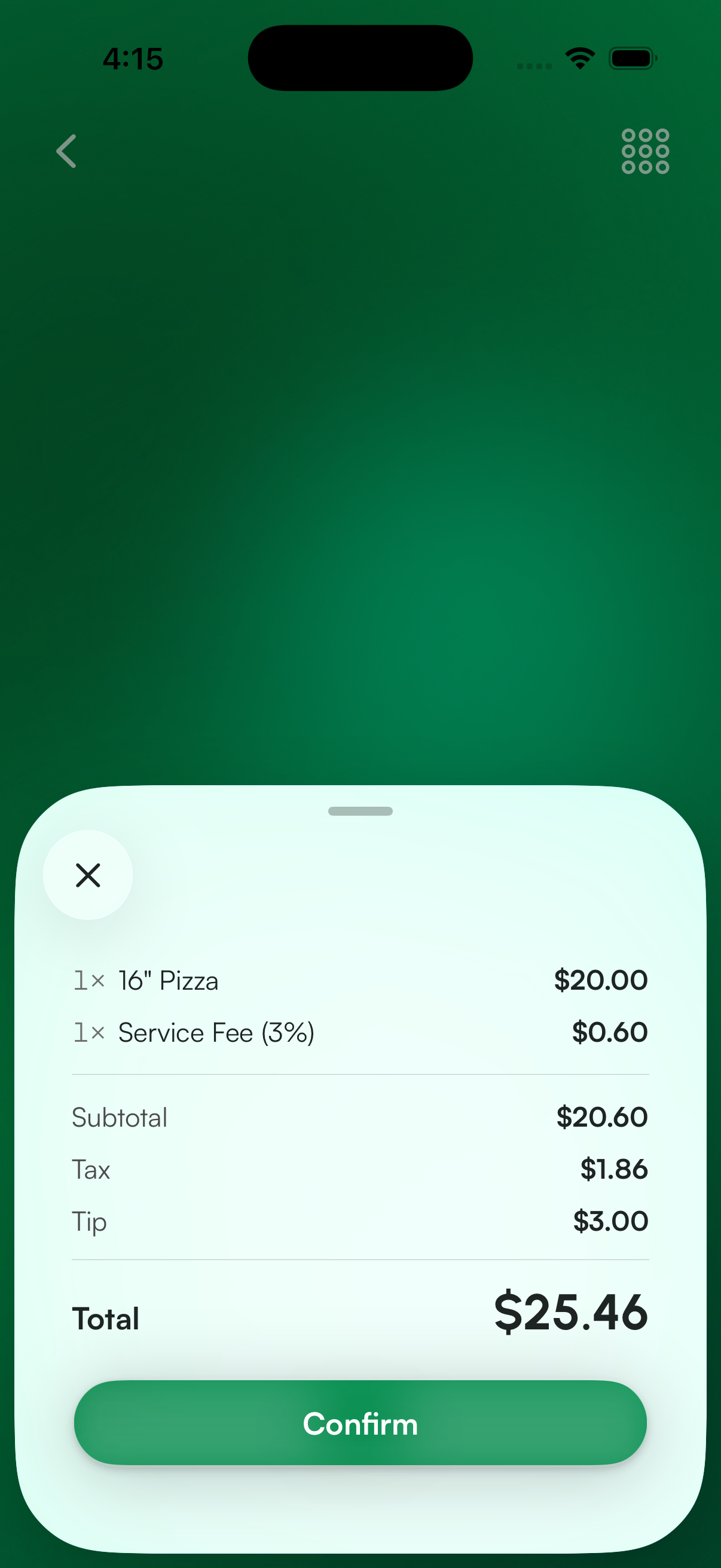 The review screen in the Payment app showing line items, subtotal, tax, tip and total with a Confirm button