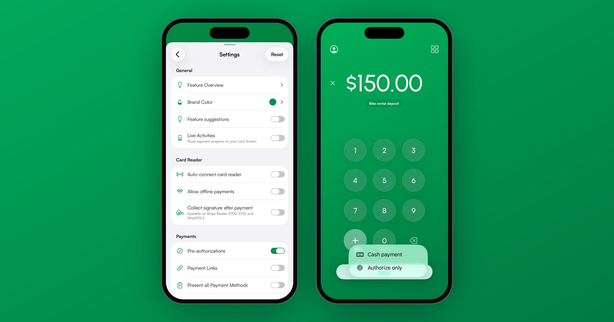The Pre-authorizations setting turned on, and the Authorize only option on a $150.00 payment in the Payment app
