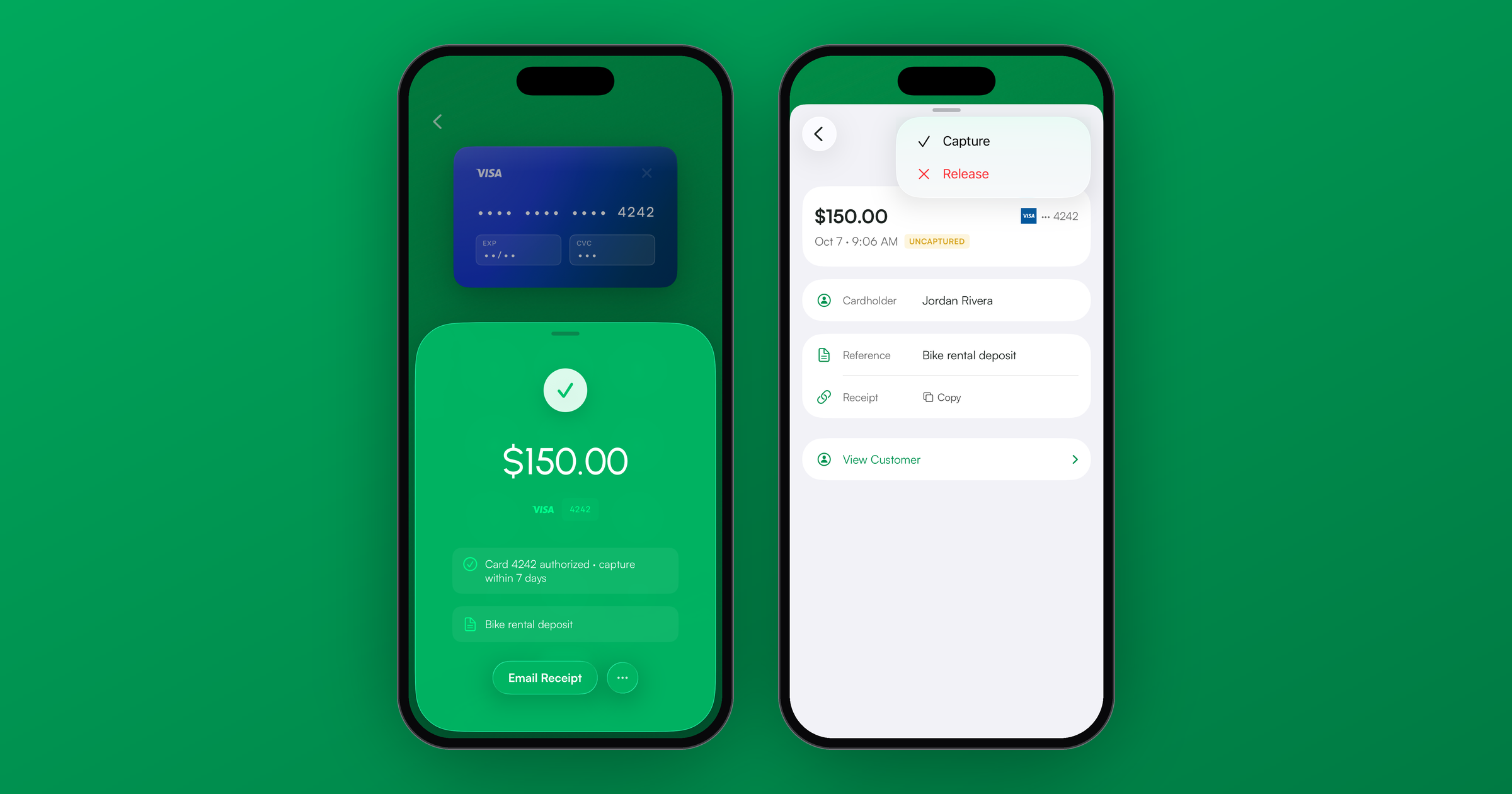 An authorized $150.00 payment in the Payment app, and the Capture and Release options on its payment details