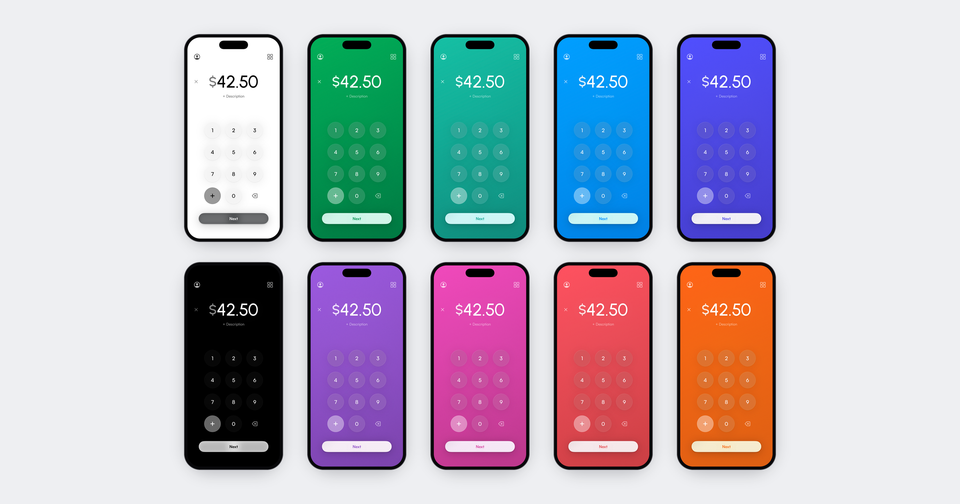 The Payment app charge screen in eight brand colors, plus the black and white No branding look in light and dark mode