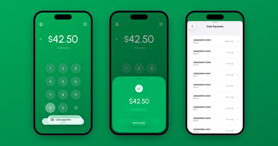 Recording a $42.50 cash payment in the Payment app, the Paid in cash confirmation, and the Cash Payments list