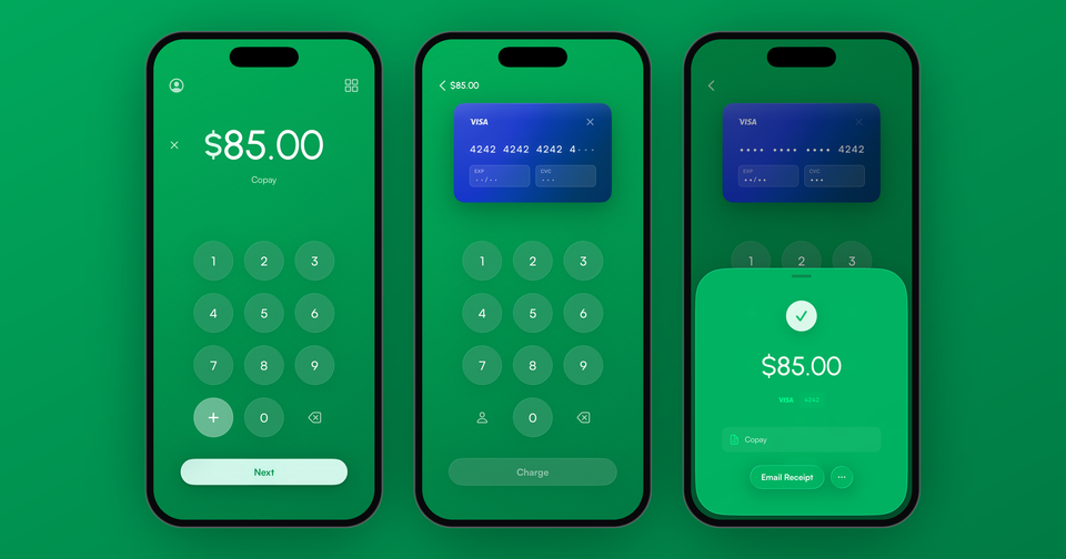 An $85.00 copay keyed into the Payment app, the card entry screen, and the payment confirmation