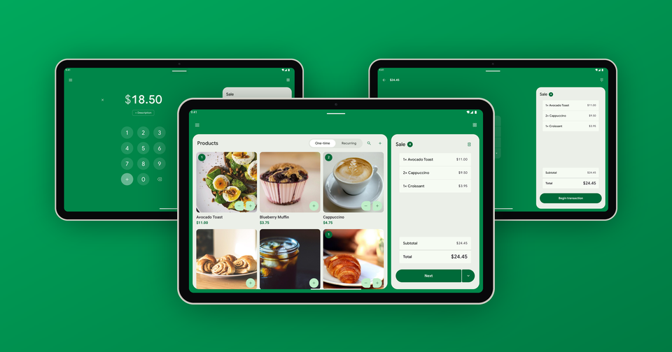 The Payment app on three Android tablets: a product grid with a $24.45 sale in front, the keypad side and the payment step behind