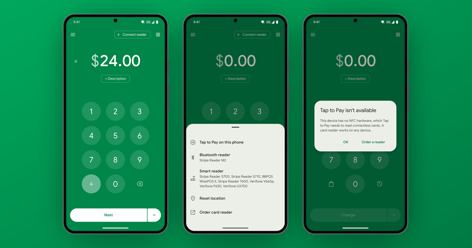 Tap to Pay on Android in the Payment app: keypad, connect reader sheet, and the message shown on a phone without NFC