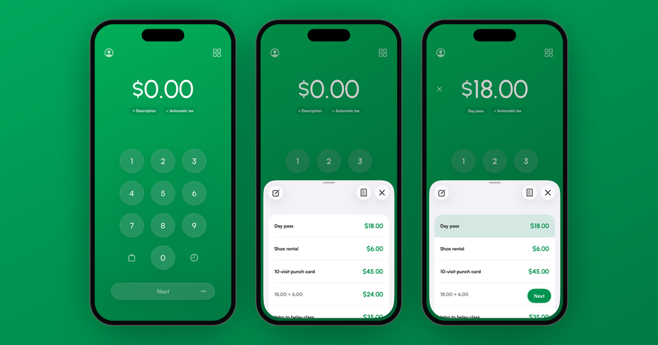 The Payment app keypad with a clock key, the recent sales list, and a Day pass sale refilled at $18.00