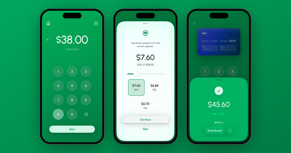 A $38.00 sale in the Payment app, the tip screen with 20%, 18% and 15% options, and a $45.60 total with tip