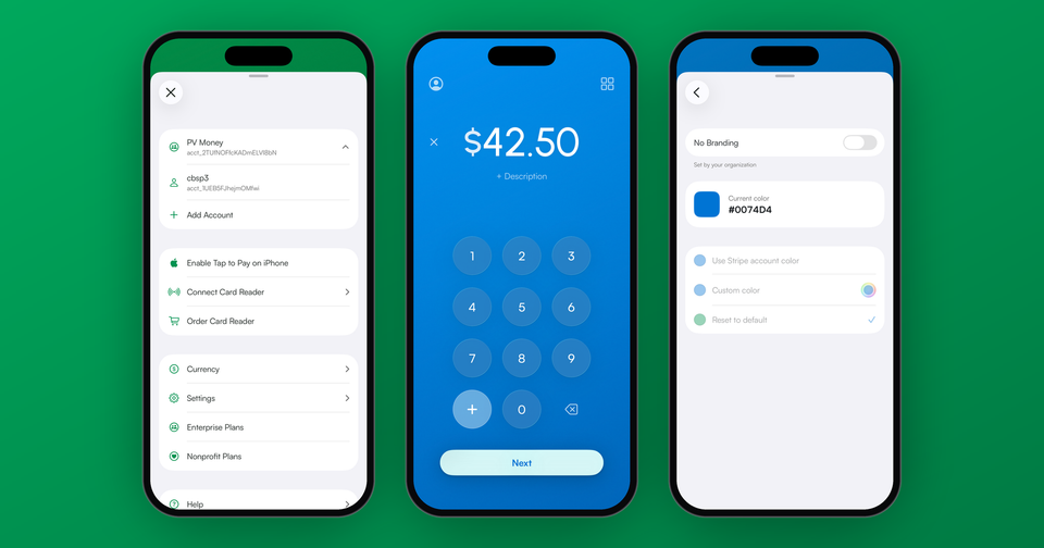 The Payment app account menu, the charge screen in a team brand color, and the Brand Color setting set by the organization