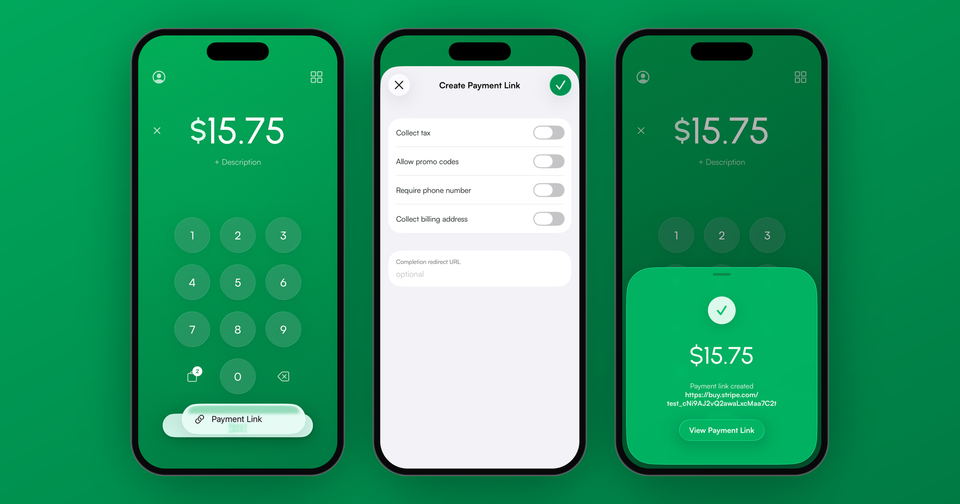 A $15.75 sale in the Payment app, the Create Payment Link options, and the created payment link