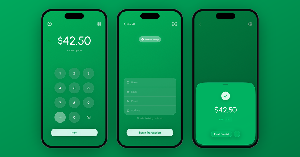 A $42.50 sale in the Payment app, the Reader ready panel with Begin Transaction, and the payment confirmation