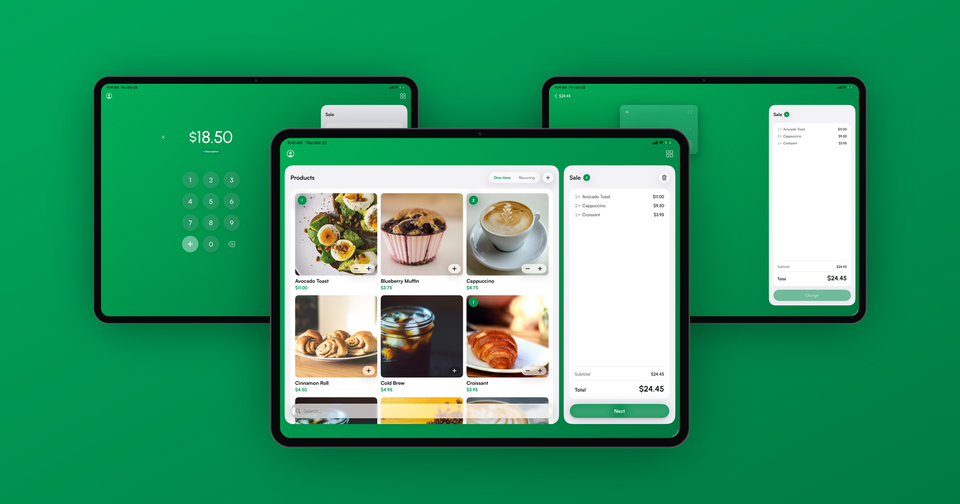 The Payment app on three iPads: a product grid with a $24.45 sale in front, the keypad side and the payment step behind