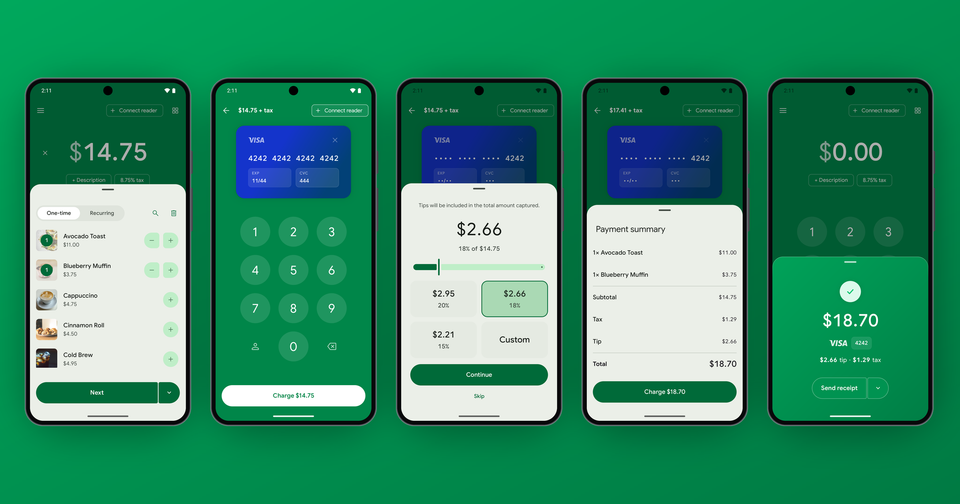 The redesigned Payment app on Android: product sheet, card entry, tip screen, payment summary and an $18.70 payment confirmation