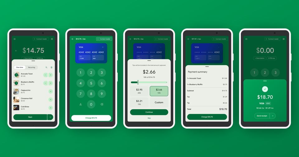 The Payment app running on Stripe Reader S700: product cart, card entry, tip screen, payment summary and an $18.70 payment confirmation