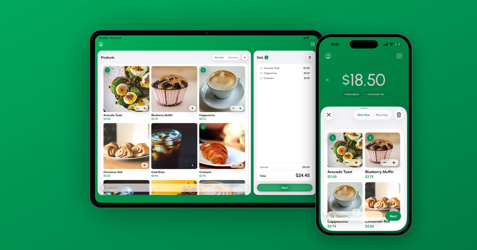 Products shown as a grid of photo tiles in the Payment app on an iPad and an iPhone