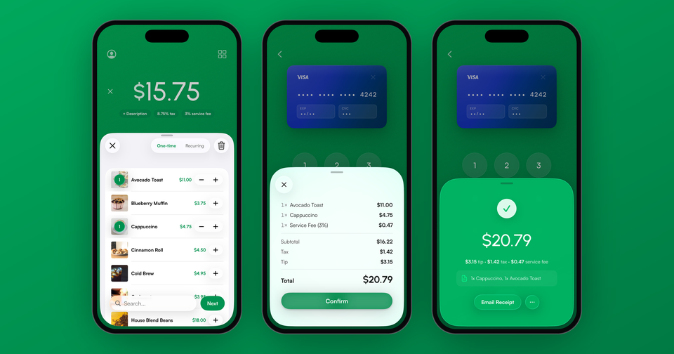 A cafe cart in the Payment app, the itemized review screen with tax, service fee and tip, and the $20.79 confirmation