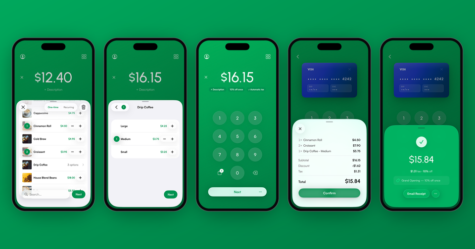 The Payment app product list with photos, a Drip Coffee product with Small, Medium and Large prices, a cart with a 10% coupon and automatic tax, and a $15.84 payment