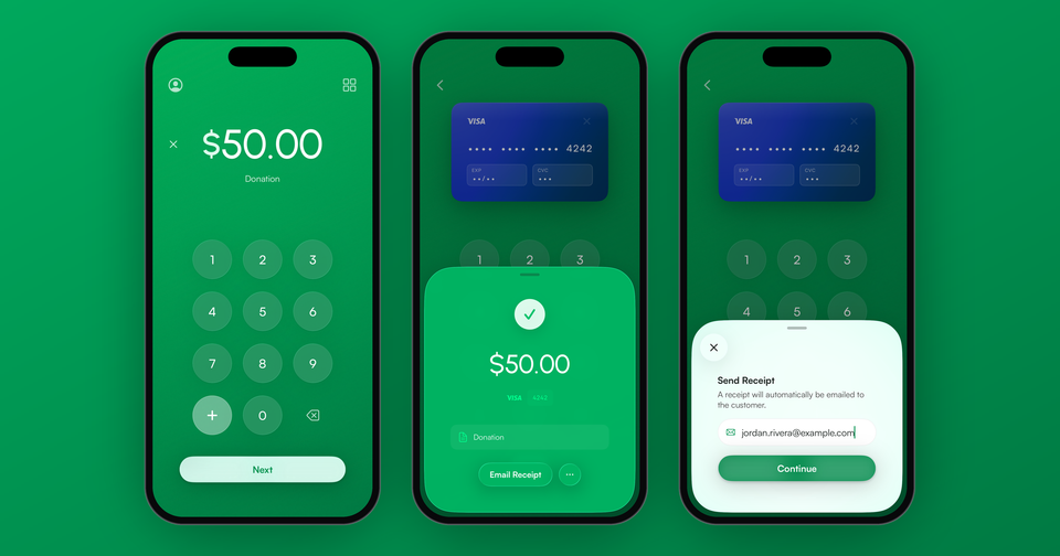 A $50.00 donation in the Payment app, the payment confirmation, and the send receipt screen