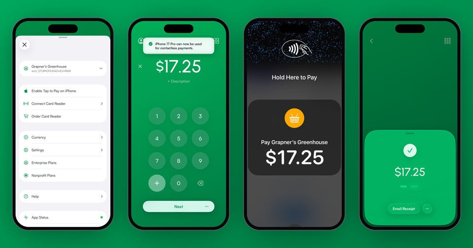 Enabling Tap to Pay on iPhone in the Payment app, a $17.25 sale, the Hold Here to Pay screen, and the payment confirmation