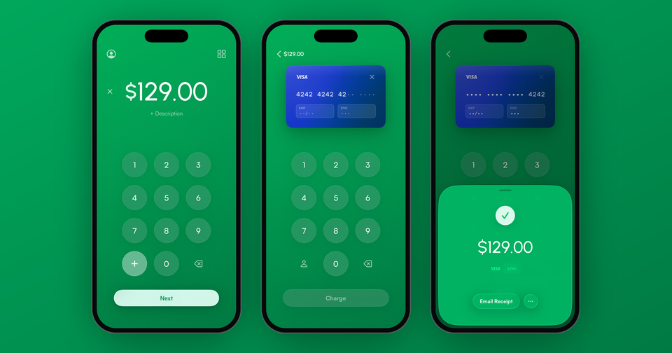 A $129.00 sale in the Payment app, a card number being keyed in, and the payment confirmation