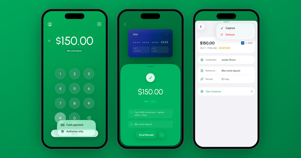 Authorizing a $150.00 deposit in the Payment app, the authorized success screen, and the Capture and Release options