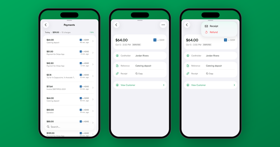 The Payments list in the Payment app, a $64.00 payment marked Disputed, and its Receipt and Refund actions