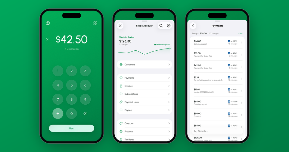 The Payment app keypad, the Stripe Account menu with weekly sales, and the Payments list