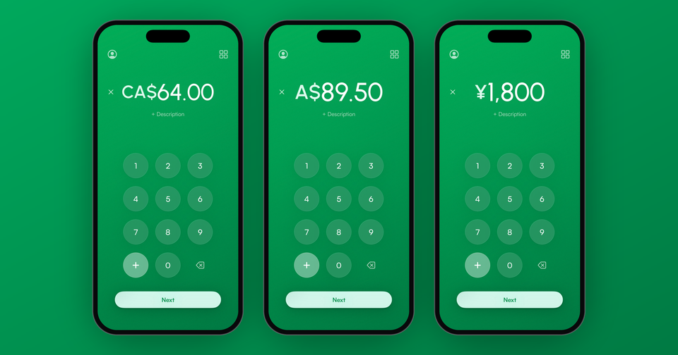 The Payment app keypad in Canadian dollars, Australian dollars and Japanese yen