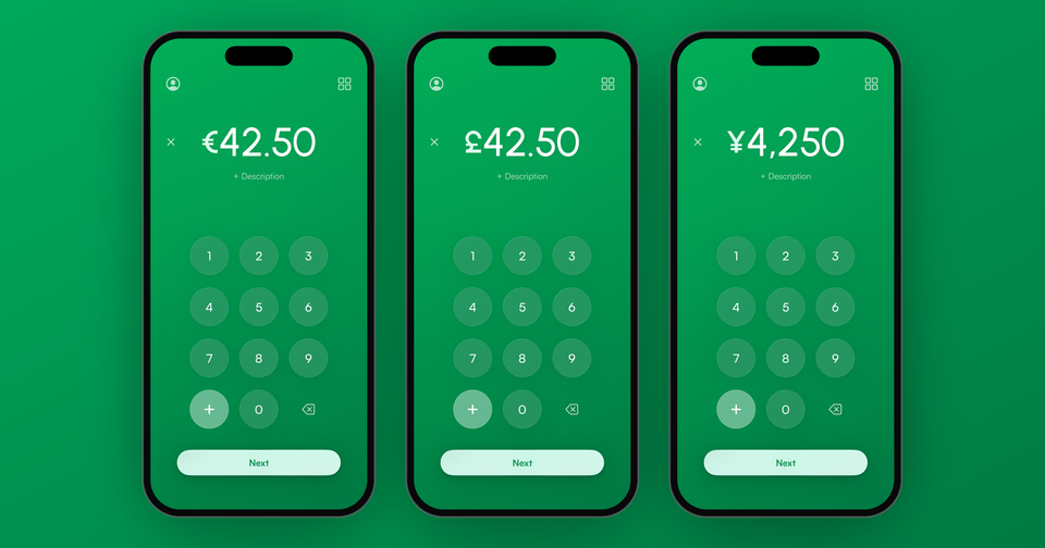 The Payment app keypad showing €42.50, £42.50 and ¥4,250