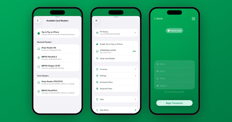 The Available Card Readers list in the Payment app, the menu with a connected reader, and the Reader ready panel