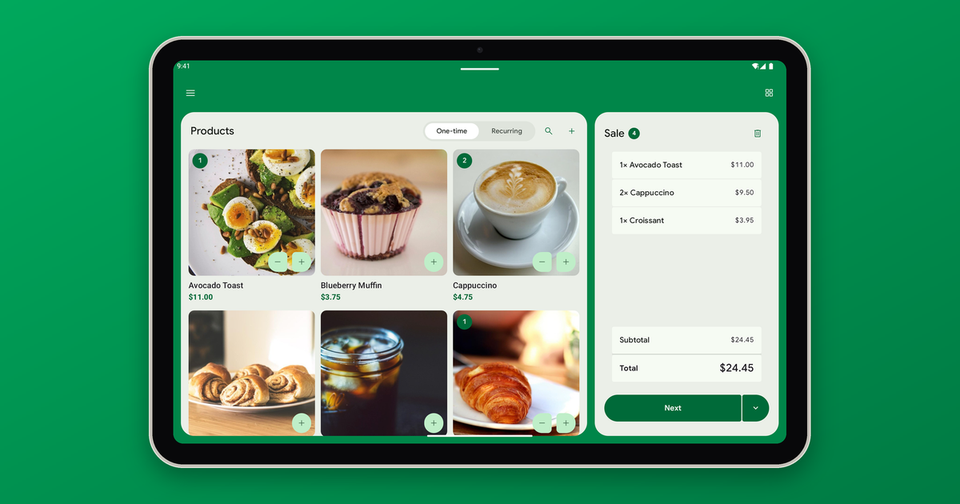 Payment for Stripe on an Android tablet: product grid and sale ticket