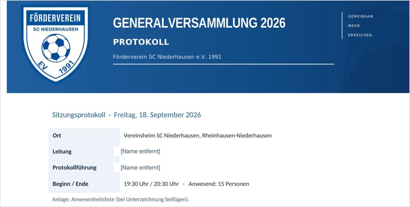 Anonymisierter Ausschnitt aus dem KI-erstellten Sitzungsprotokoll im Vereinsdesign mit Logo