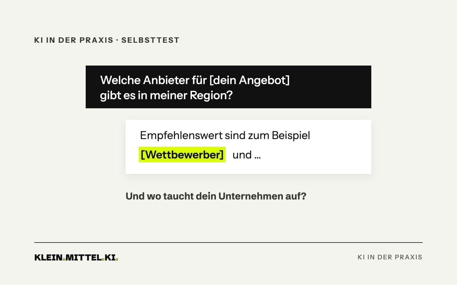 Illustration eines KI-Chats: Frage nach Anbietern in der Region, Antwort nennt einen Wettbewerber