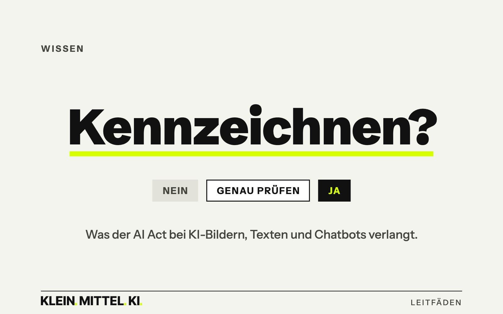 Titelgrafik: Kennzeichnen? Drei mögliche Antworten – Nein, genau prüfen, Ja – zu KI-Inhalten nach dem AI Act