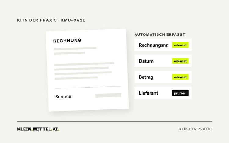 Illustration: Rechnung mit automatisch erkannten Feldern wie Rechnungsnummer, Datum und Betrag