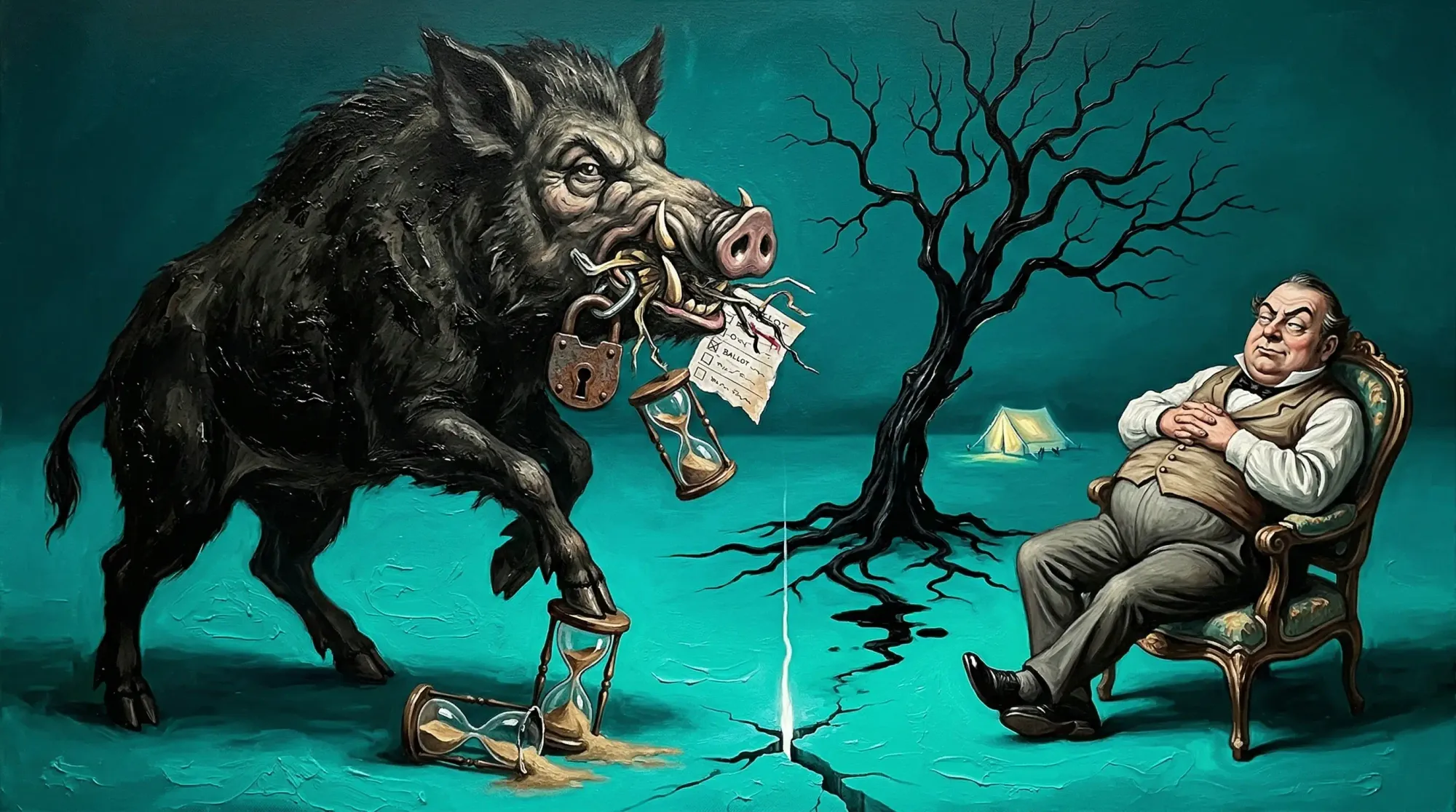 청록 바탕에 검은 흙투성이 멧돼지 괴수가 엉뚱한 물건을 입에 물고 날뛰고, 오른쪽 비대한 신사는 의자에 기댄 채 팔짱을 끼며 구경하고, 사이에 잉크빛 뿌리의 고사목이 서 있는 고야풍 유화