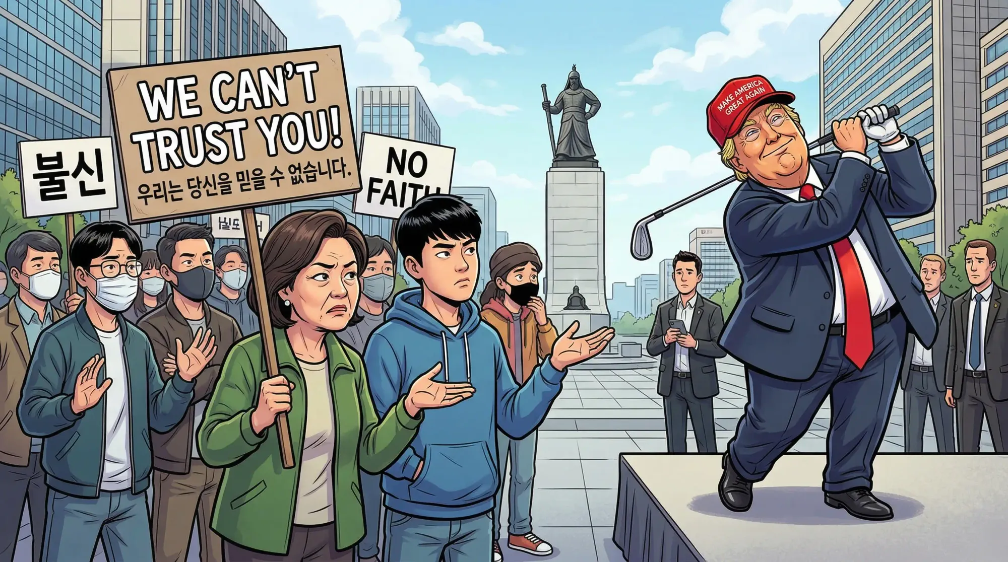 이 중요한 시기에 희희낙낙거리는 트럼프를 향해 한국인들이 광화문 광장에서 트럼프에게 믿을 수 없다고 항의하는 카툰 AI 이미지.