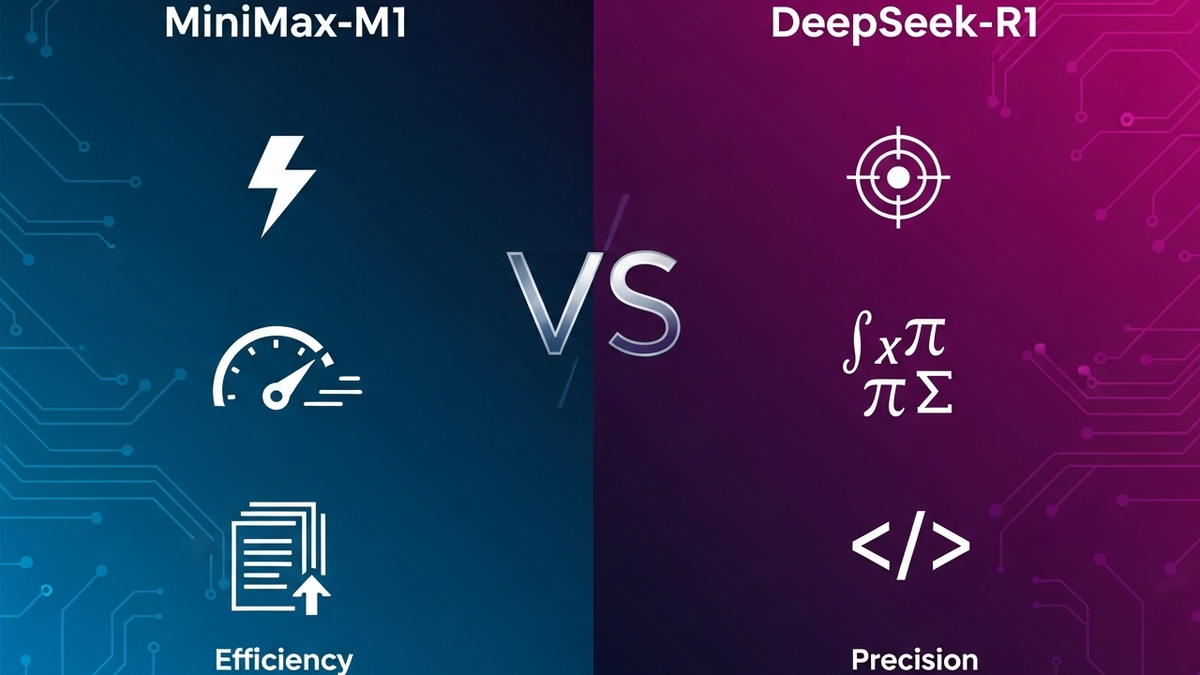 MiniMax-M1(효율성)과 DeepSeek-R1(정확성) AI 모델을 비교하는 현대적인 인포그래픽. 파란색과 보라색 그라데이션 배경에 VS가 중앙에 있다.