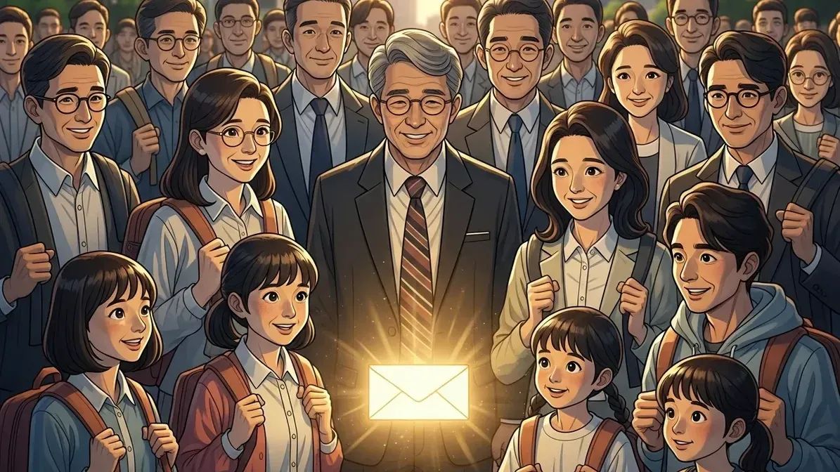 다양한 연령대의 현대 한국인들이 평화로운 도심 광장에 모여 희망에 찬 얼굴로 빛나는 노란 봉투를 바라보는 따뜻한 일러스트레이션. 단결, 희망, 사회적 연대를 표현