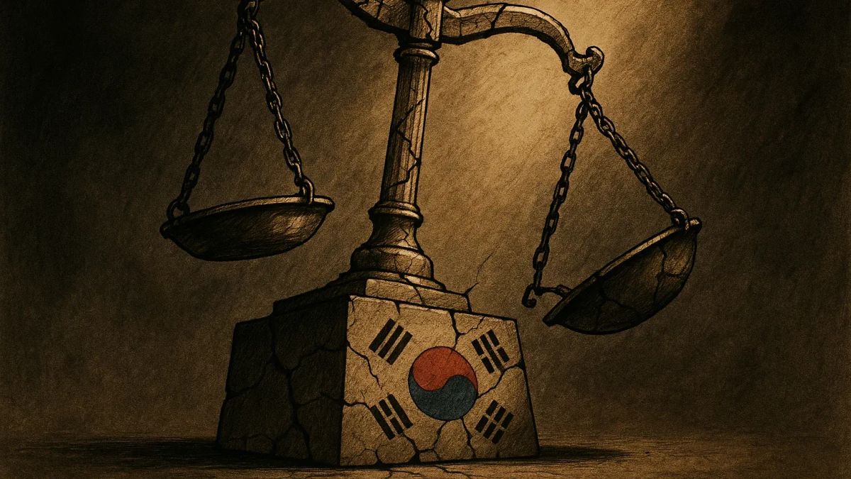균형을 잃은 법의 저울과 무너지는 법원 이미지, 한국 사법부 신뢰도 하락과 불공정 문제를 상징적으로 표현
