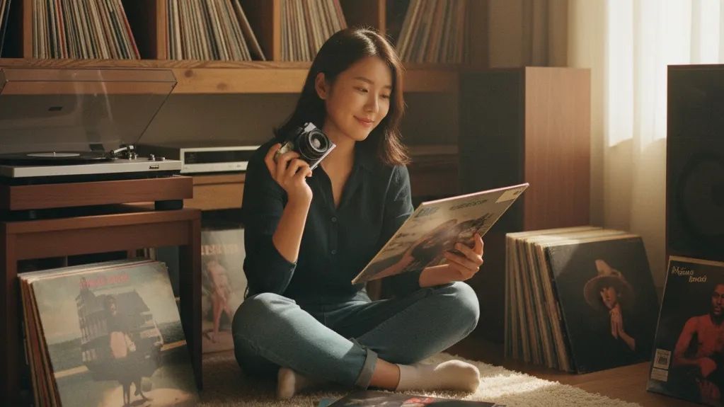 20대 한국 여성의 아날로그 라이프스타일. 따뜻한 조명 아래 카펫 위에 앉아 필름 카메라(35mm)를 든 채 바이닐 레코드(LP) 커버를 감상하는 모습. 빈티지 스피커와 턴테이블이 보이는 방 안에 수백 장의 LP가 가득하며, 차분한 색감과 얕은 심도로 향수를 자극하는 포토 리얼리즘 화보.