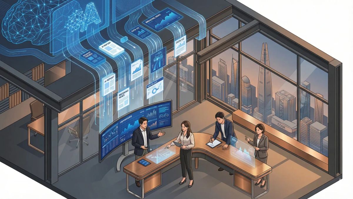 2026년 AI 기반 기업 뉴스룸에서 에이전틱 AI와 기자들이 협업하며 비즈니스 저널리즘을 생산하는 미래적 작업 환경
